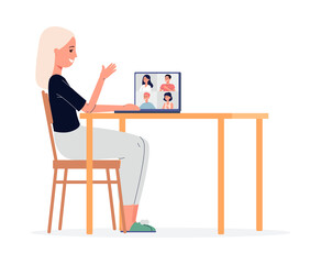 Cute girl communicating with friends in network chat, flat vector illustration.