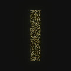High resolution letter I symbol made of molded golden lines. 3d rendering