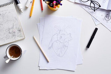 Drawing of heart on desk.