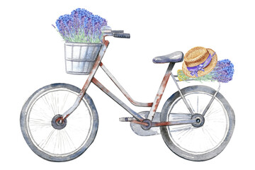 Fototapeta na wymiar Vintage bicycle with provence lavender. Straw hat with lilac ribbon. Stock illustration. Hand painted in watercolor.