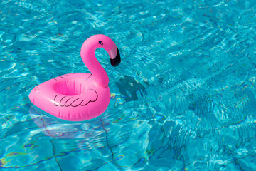 Hello summer. Pink inflatable flamingo in pool water for summer beach background. Trendy summer concept.
