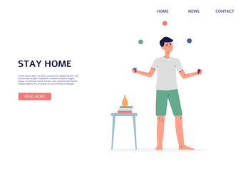 Stay home web banner template with juggling man, flat vector illustration.