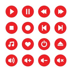 Media player icons set. Red button. Play, pause, next, before, stop, favorite, off, option, volume, etc.