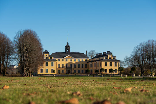 Immense green gardens of the Ulriksdal Palace. In autumn.