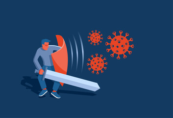 COVID-19 outbreak against coronavirus concept - brave man with shield and sword fight against virus or bacterie - vector illustration