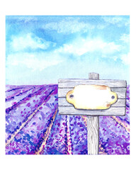 Vintage wooden signpost on the provence lavender field. Blue summer sky.
 Stock illustration. Hand painted in watercolor.