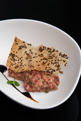 Fresh beef tartar  with whole grain chips
