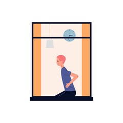 Healthy man at home doing sit ups - window frame view of person