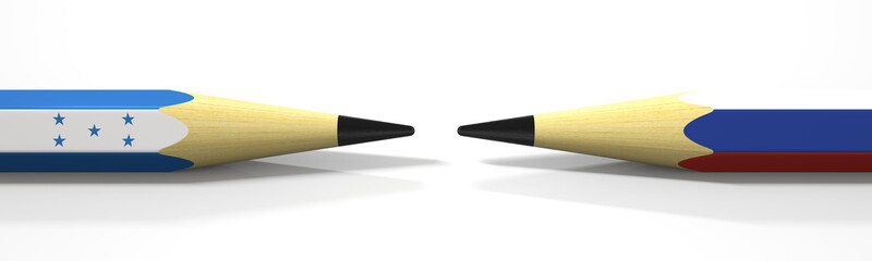 Pencils with flags of Honduras and Russia. Political conflict concept. 3d rendering