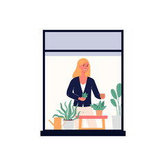 Woman cares of house plants in window frame flat vector illustration isolated.