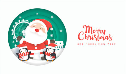  Christmas background with a cute Santa and friends in paper cut style.
