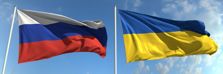 Flying flags of Russia and Ukraine on sky background, 3d rendering