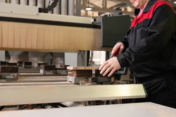 Carpenter working with plywood at furniture factory