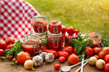 Homemade canned tomato preserves in glass jars and fresh tomatoes and herbs on a wooden table in the garden