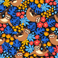 Seamless background with Sloth on the branch. Vector illustration of leaves, flowers and cute bear on black. Floral and animal pattern. - 379860037