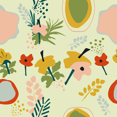 Obraz premium Seamless pattern with frangipani flowers,tropical jungle leaves.Hand drawn vector trendy abstract background. Plumeria in pastel colors, minimalistic naive concept. Print for textile,notebook cover