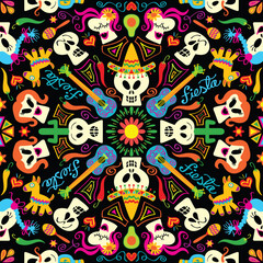 Skulls and symbols form a traditional Mexican motif in honor to the Day of the Dead. Guitars, cactus, tequila bottles, hearts, stars, flowers, hats, avocados, maracas and piñatas in a mandala style