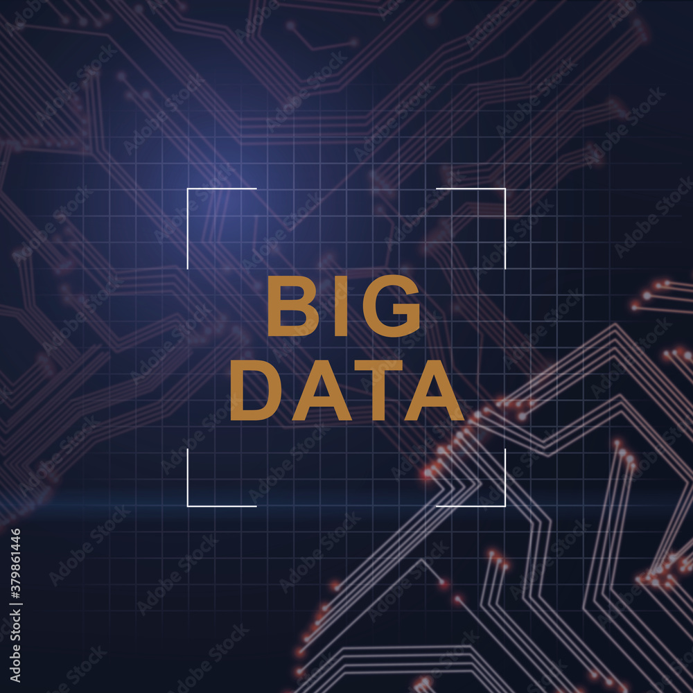Poster framed big data lettering over abstract microchip connections background, futuristic logo