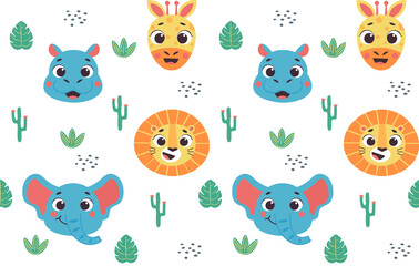 Seamless safari nursery pattern with cute animals faces vector print for fabric, wrapping, textile, wallpaper, apparel on white background