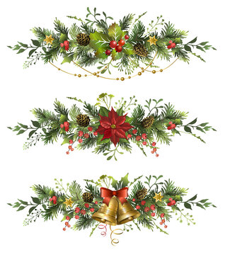 Set of Christmas fir garlands with golden bells, poinsettia flower and red berries.