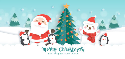 Merry Christmas and happy new year banner with cute Santa and friends in the snow forest.