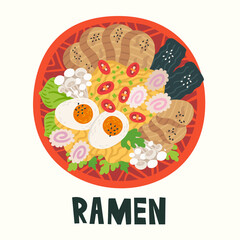 Ramen in bowl on table. Top view. Illustration with japanese soup in flat style. Asian food: miso, egg, nori, leek, noodles, pork, soybean sprouts, kamaboko, Enoki, Bok choy. Vector round composition.