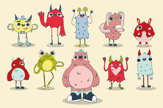 Monsters doodle set. Collection of hand drawn colorful templates patterns of spooky creatures alliens ugly cyclops beasts mascots angry gremlins. Illustration of comic Halloween characters symbol.