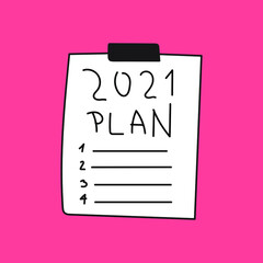 Inscription - 2021 plan on paper note. Hand drawn illustration on red background. 