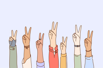 Peace, protest, pacifism, multiethnicity concept set. Collection of human male female cartoon characters hands raising two fingers or peaceful sign in air. Multiracial solidarity and pacifist symbol.