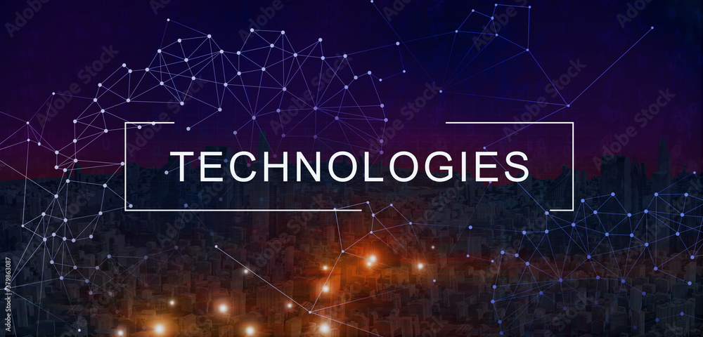 Poster technologies concept. creative futuristic background with urban smart cityscape and polygonal connec