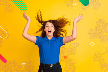 Dancing with hair blowing. Caucasian woman's portrait. Beautiful female model in casual. Concept of human emotions, facial expression, sales, ad, copyspace. Bright, modern illustrated background.