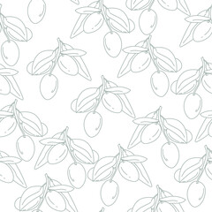 Olive twigs with fruits and leaves seamless pattern, contour drawing of berries in gray, vector outline illustration for design and creativity
