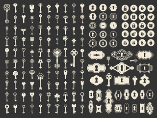 Vector illustration with design elements for decoration. Big silhouettes and icon set of keys, locks, old keyhole on black background. Vintage style. - 379863237