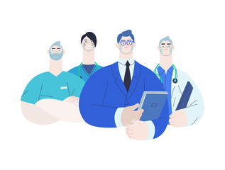 Medical insurance illustration -hospital administrator -modern flat vector concept digital illustration - a male hospital administrator with a team of doctors concept, medical office or laboratory