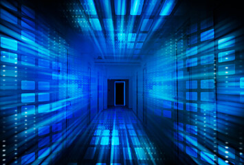 Abstract Virtual Database Server Room, Blue Background, Collage