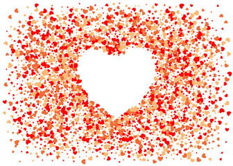 Background of red hearts scattered on a white background in the shape of a heart. Vector illustration.