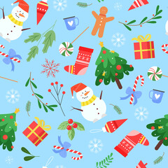Christmas seamless pattern vector illustration. Cartoon flat Christmas fir tree and Xmas socks with present gifts, cute snowman in hat, sweet candy, holly berries on winter holiday childish background