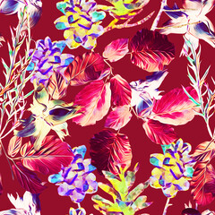 Autumn seamless pattern with pine cones, leaves, nuts.
