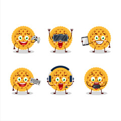 Pumpkin pie cartoon character are playing games with various cute emoticons