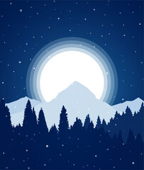 Night Winter snowy flat Mountains landscape with pine forest, hills and full moon.
