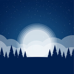 Christmas winter background with snowy pines, hills and moon. Flat cartoon landscape.