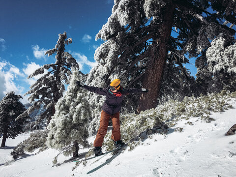 Female Snowboarder Riding Over Snowy Bush