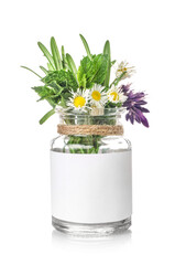 Bouquet of healing herbs in glass jar