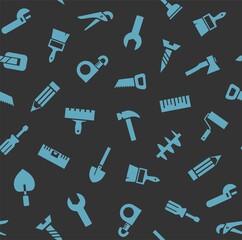 Hand tools, construction, seamless pattern, color, gray, blue. Blue icons on a gray field. Colored flat background. Vector.  