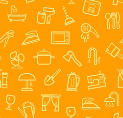 Household goods and appliances, seamless pattern, color, orange. Yellow icons on an orange field. Thin outline. Vector.  