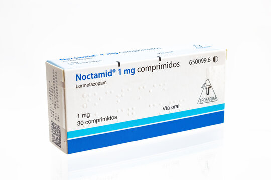 Huelva, Spain-September 23,2020: Lormetazepam Brand Noctamid from Teofarma laboratory. Lormetazepam is considered a hypnotic benzodiazepine and is officially indicated for moderate to severe insomnia