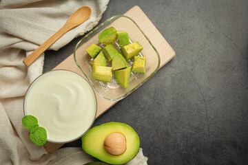 Avocado Avocado Yogurt Products made from avocado Food nutrition concept.