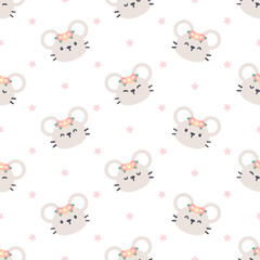 Cute mouse with flower crown seamless pattern background