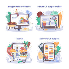 Fast food, burger house online service or platform set. Chef cook tasty