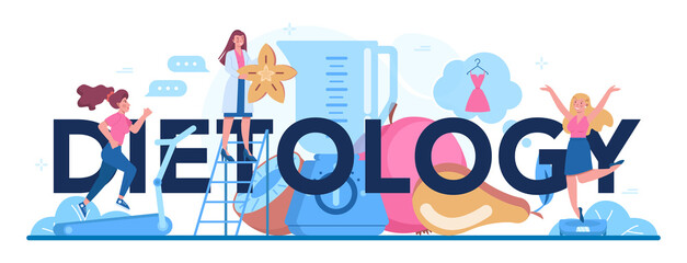 Dietology typographic header. Nutrition therapy with healthy food